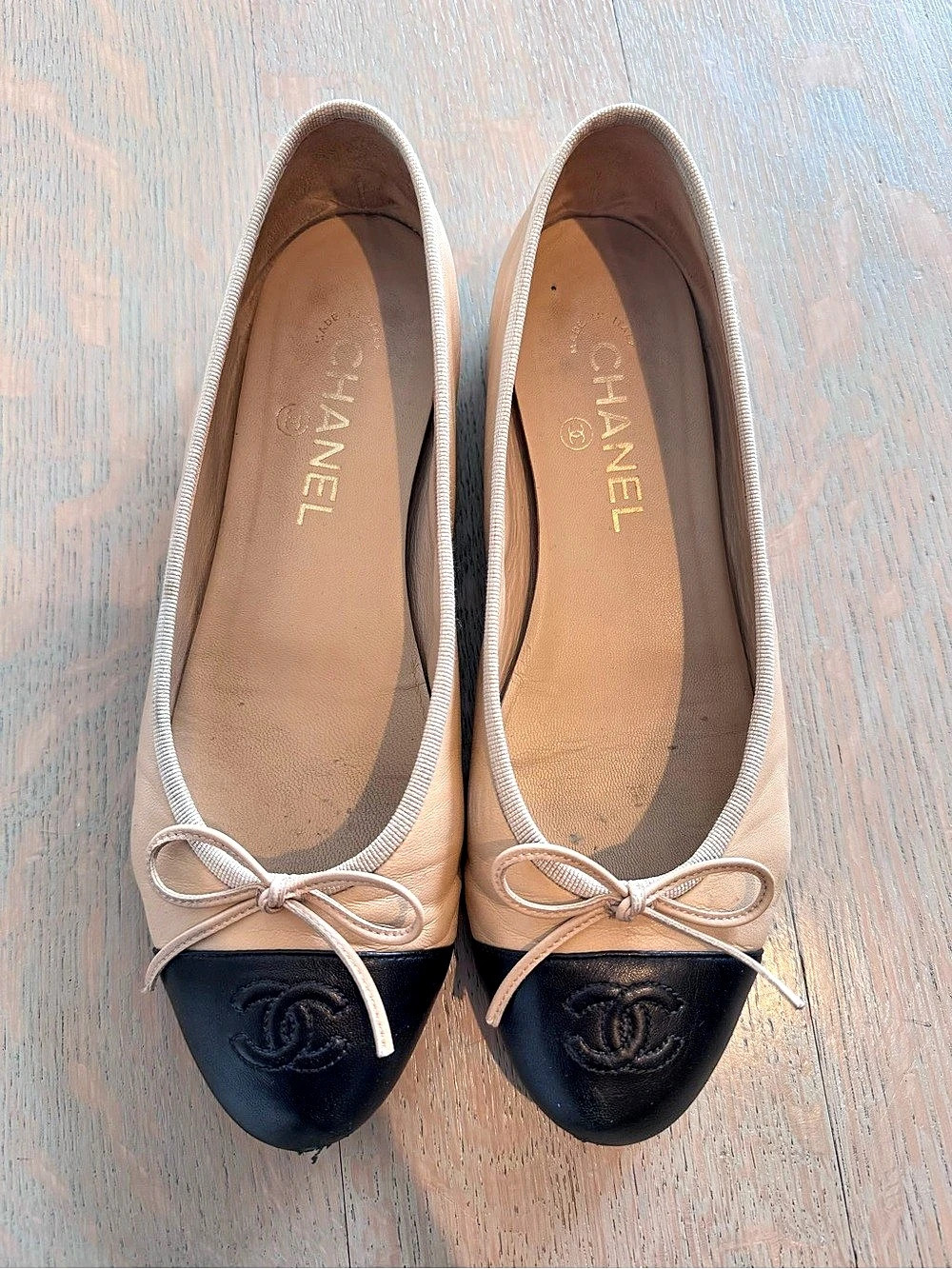 Chanel Lambskin Cap Toe Ballerina Flats Beige & Black US 8.5